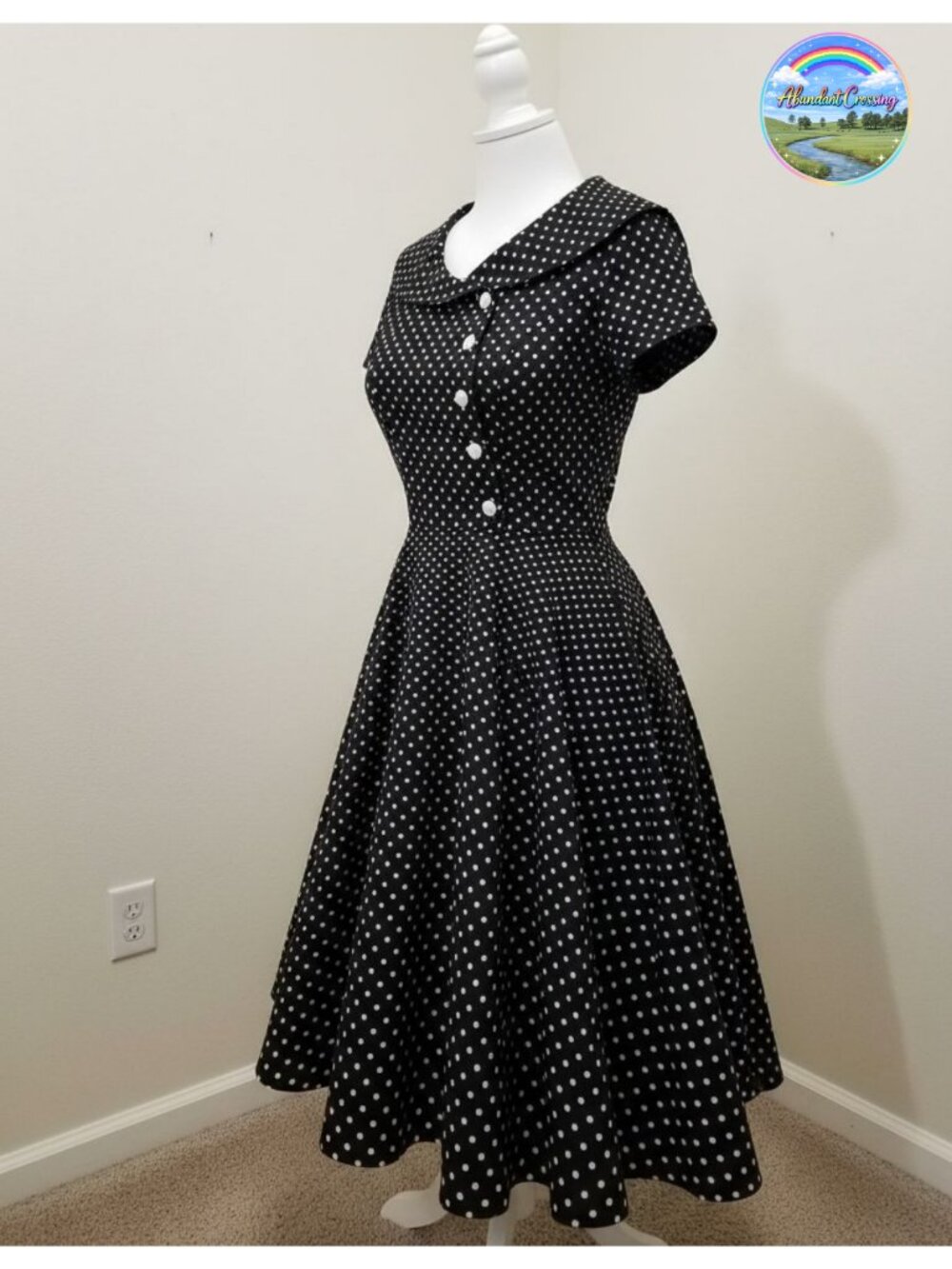 Vintage 1950s Audrey Hepburn Swing Dress Peter Pan Collar Polka Dot